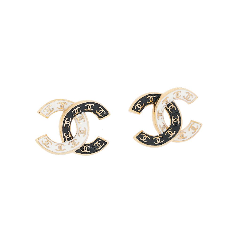 【CHANEL 香奈兒】滿版CC Logo 雙色針式耳環(黑色/白色)/ 平行輸入