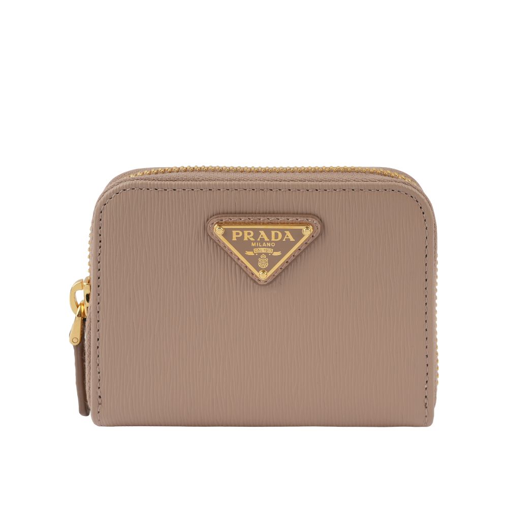 【PRADA】三角牌Logo 水波紋皮革零錢包(藕粉色)/ 平行輸入