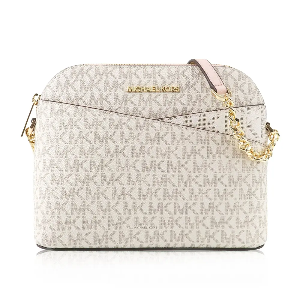 Michael Kors 經典LOGO花紋/素面 防刮皮革斜背鍊條包貝殼包 緹花x白/粉色/平行輸入