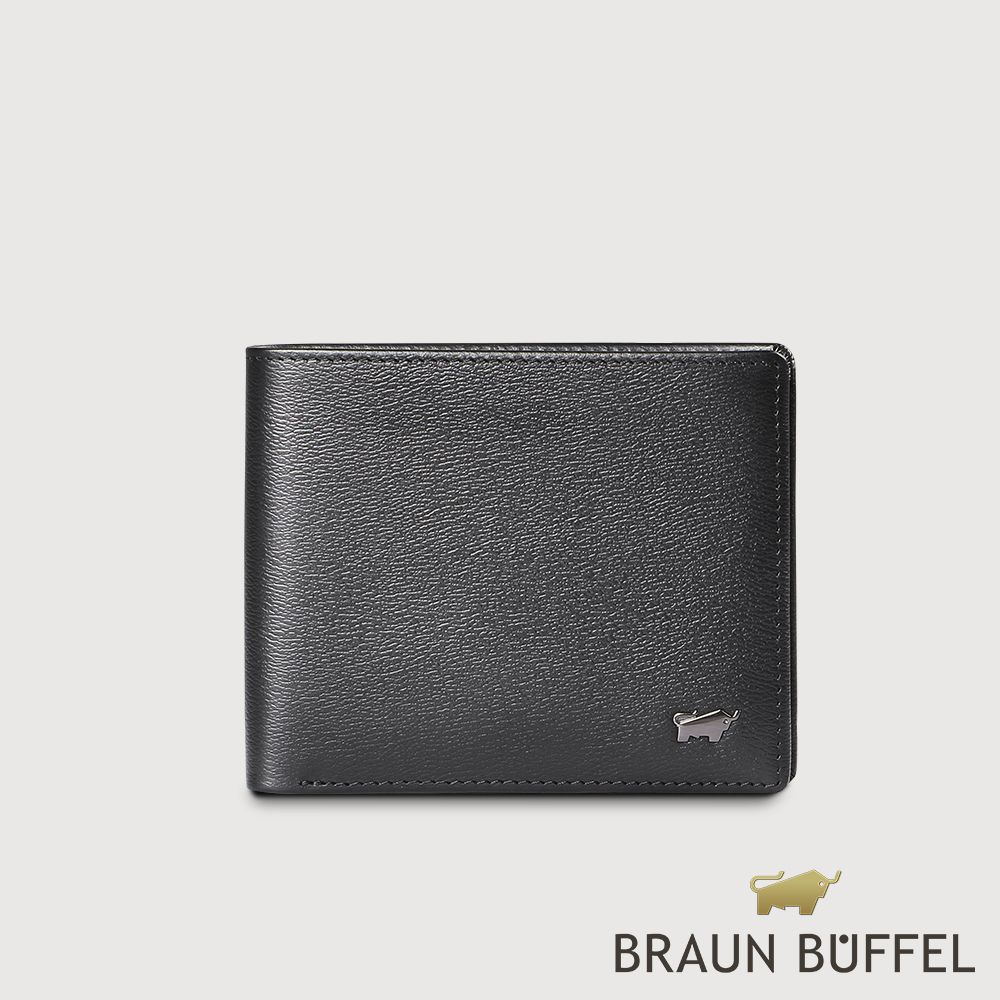 【BRAUN BUFFEL 德國小金牛】台灣總代理 波索-A 8卡中間翻零錢袋短夾-黑色/BF519-318-BK