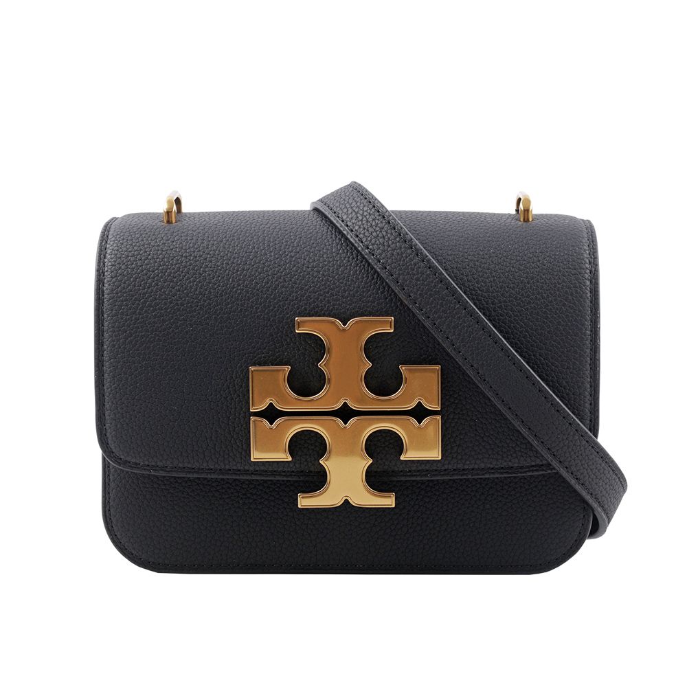 【TORY BURCH】Eleanor 荔枝皮革大標誌翻蓋小款二用包(黑色)/平行輸入