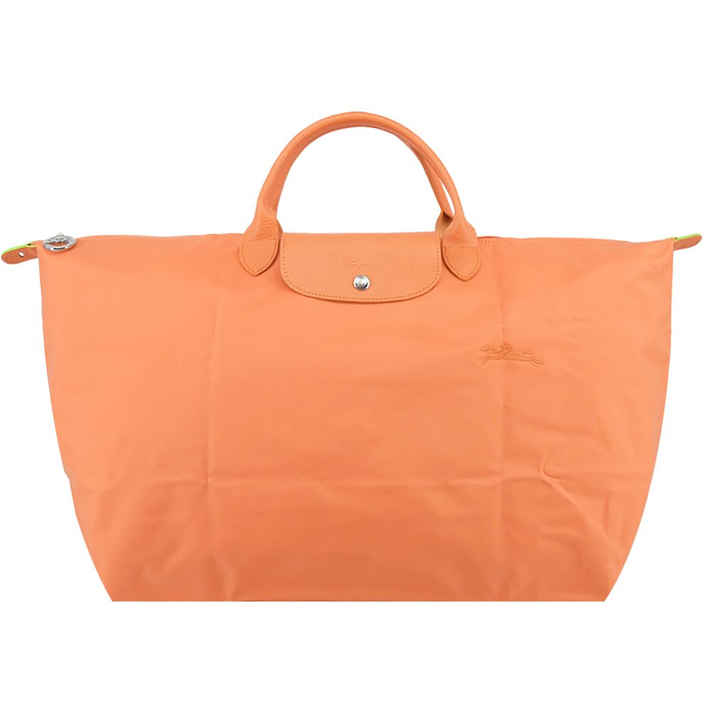 LONGCHAMP LE PLIAGE GREEN系列刺繡短把再生尼龍摺疊旅行袋(小/橙)/平行輸入