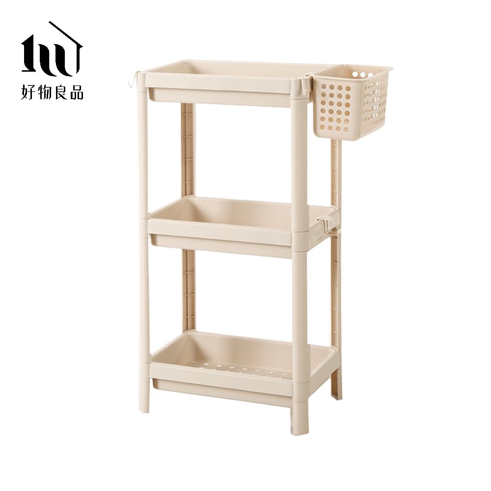 【好物良品】三層_高品質耐重耐壓超厚結構多層置物收納架/ 三層(附掛鈎+掛籃)/ 杏色