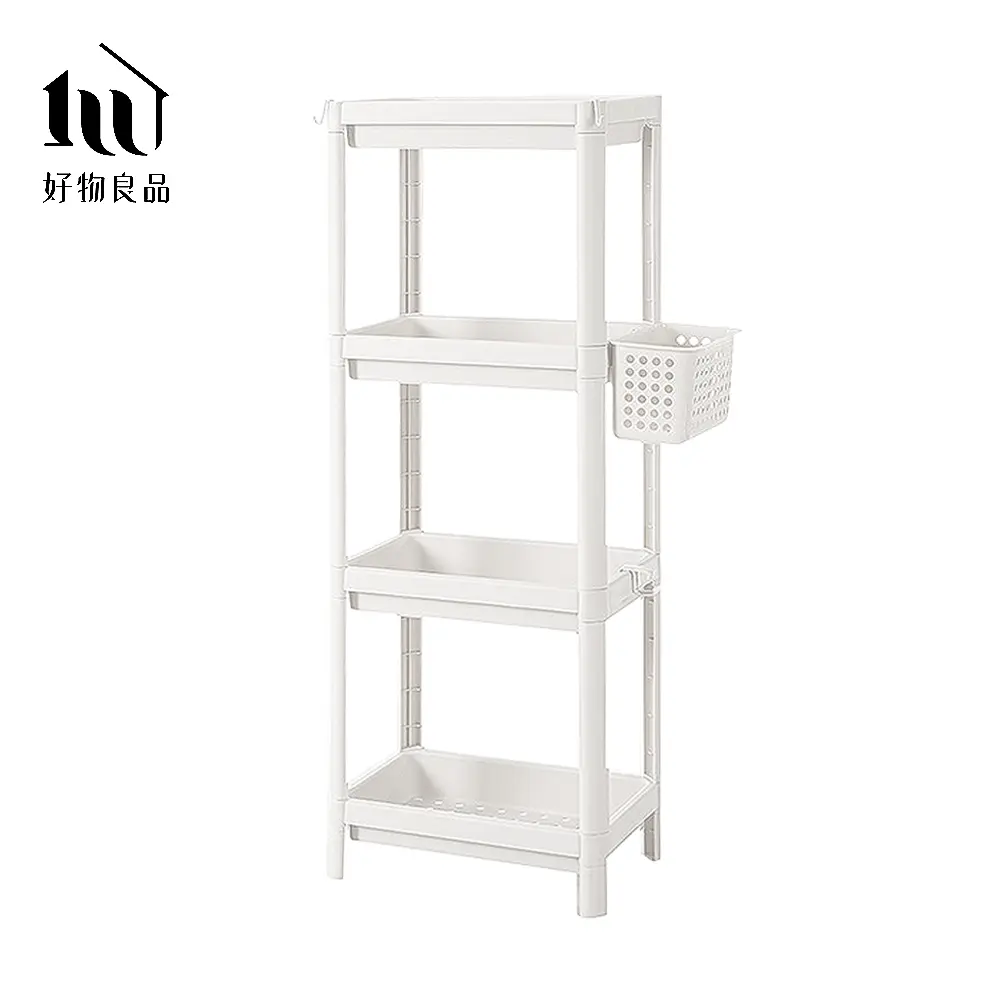 【好物良品】四層_高品質耐重耐壓超厚結構多層置物收納架/ 四層(附掛鈎+掛籃)/ 白色