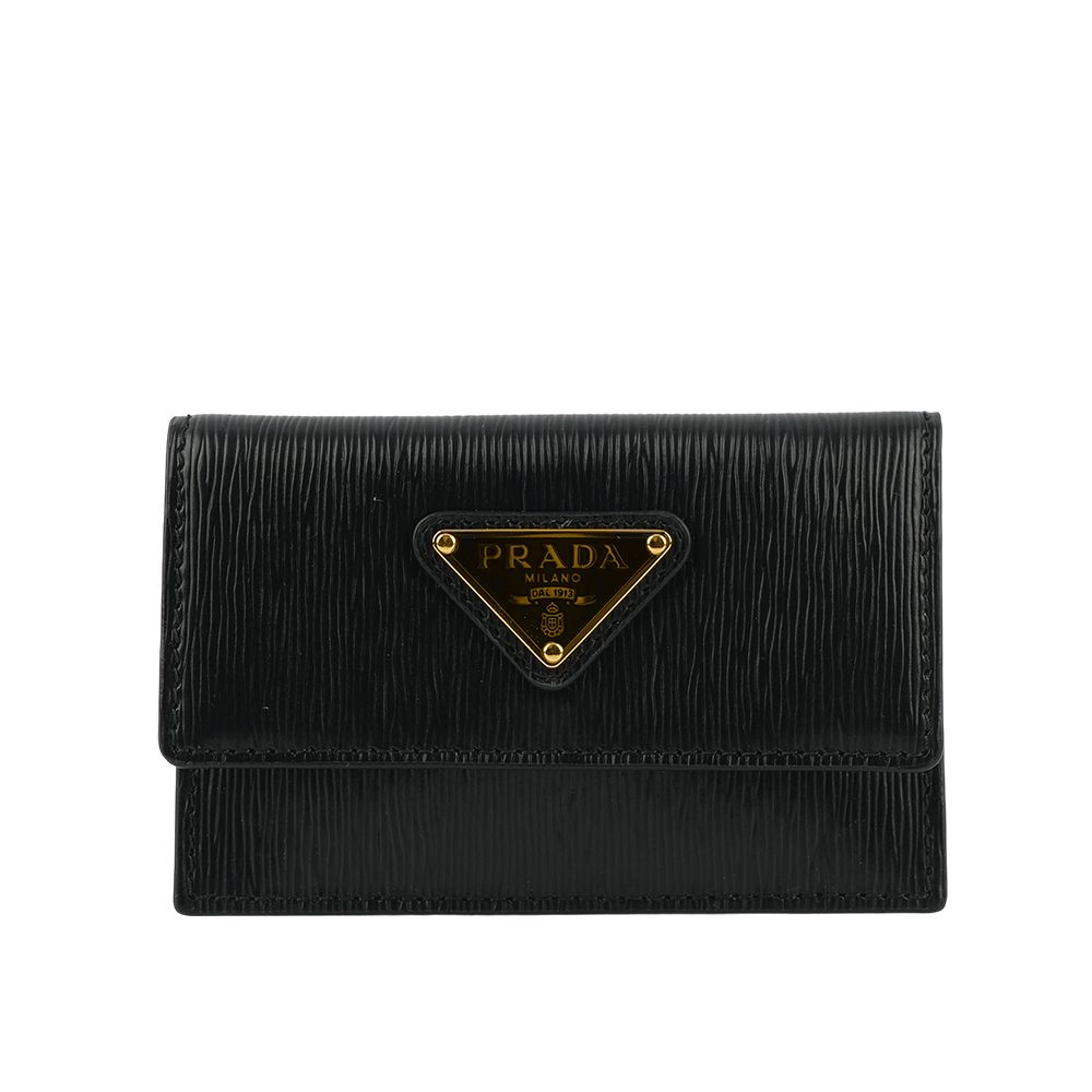 【PRADA 普拉達】三角牌Logo 水波紋皮革釦式卡片夾/名片夾(黑色)/ 平行輸入