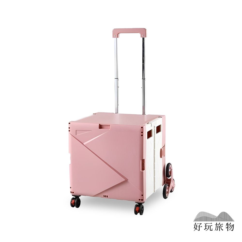 【好玩旅物】三角輪款_拉桿折疊收納野餐購物推車/ 三角輪款/ 粉色