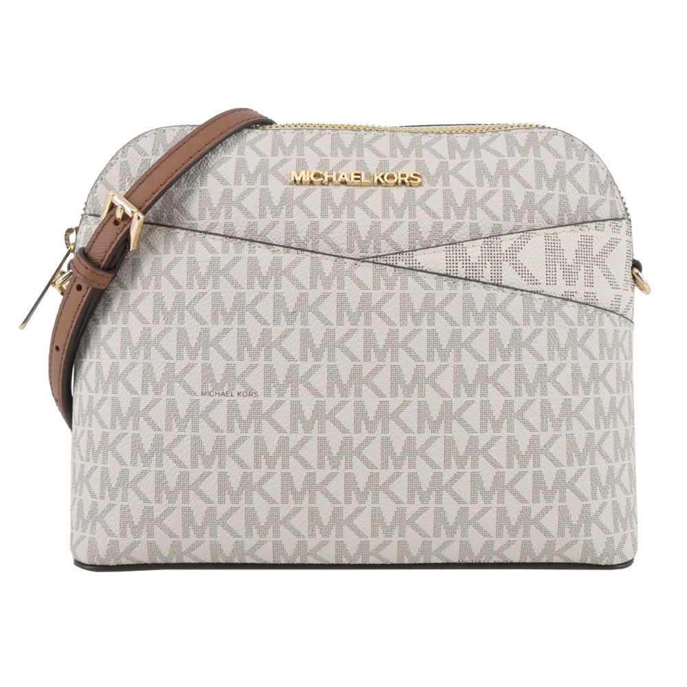 MICHAEL KORS JET SET新版交叉滿版PVC斜背貝殼包-米白/棕/平行輸入