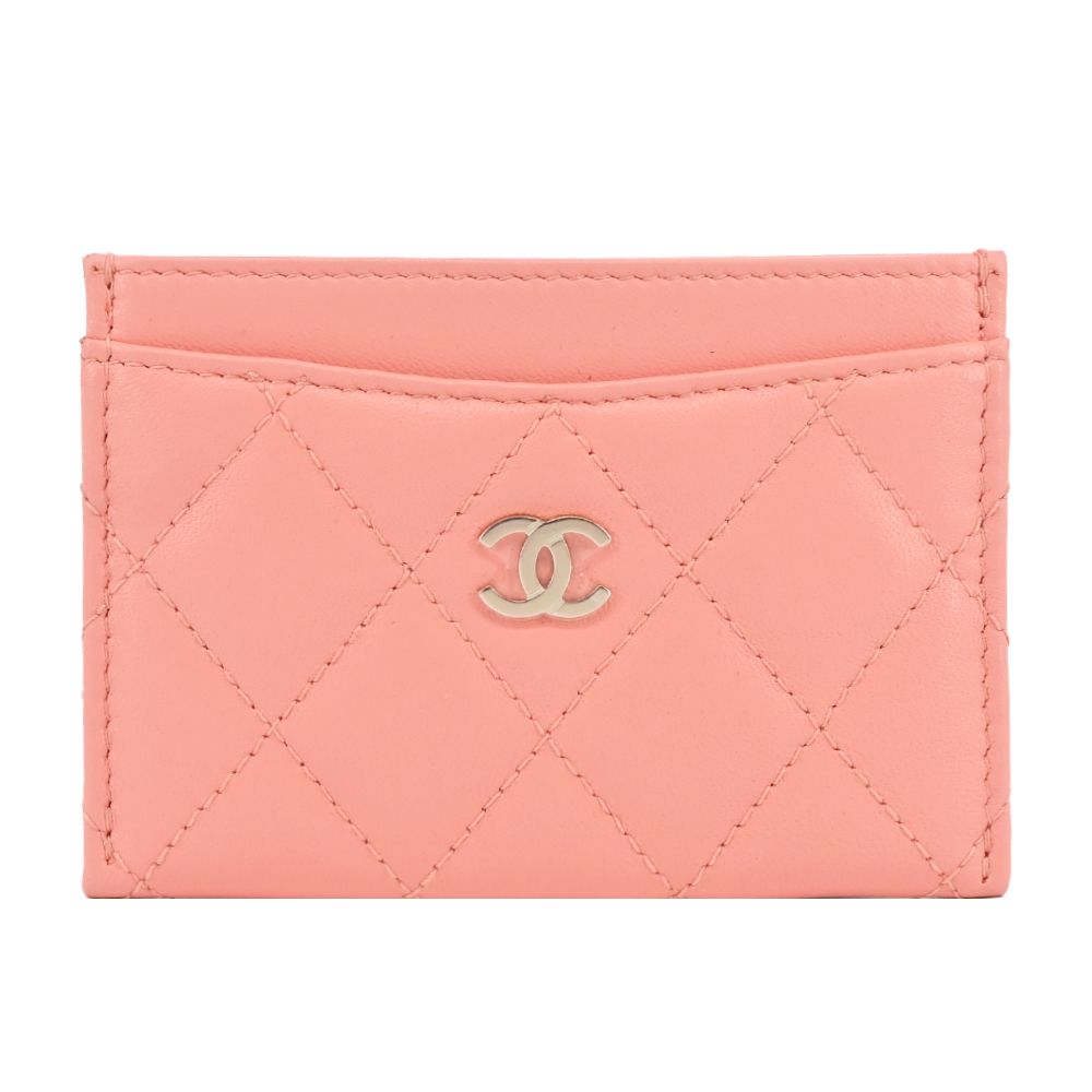 CHANEL 經典雙C LOGO菱格紋小羊皮卡片夾(蜜桃粉)/平行輸入