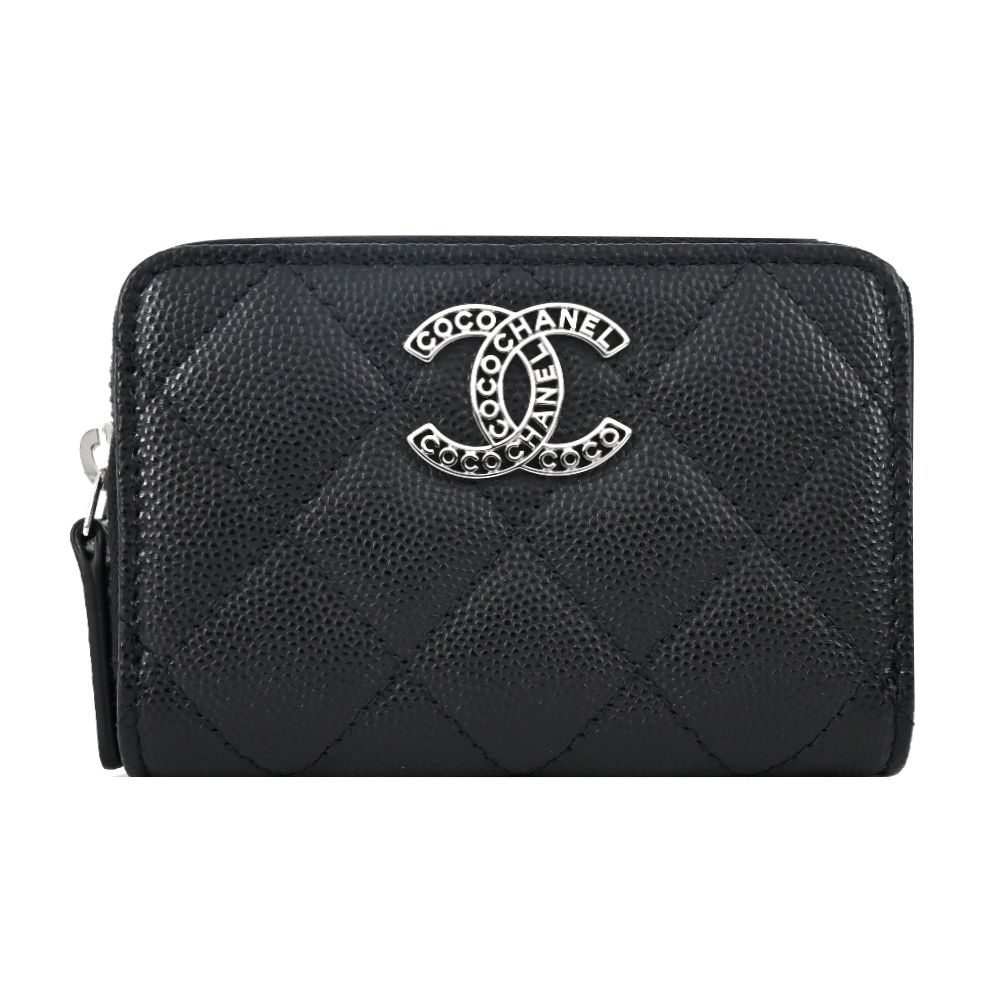 CHANEL 經典鏤空雙C字母 LOGO菱格紋小牛皮零錢包(黑色)/平行輸入