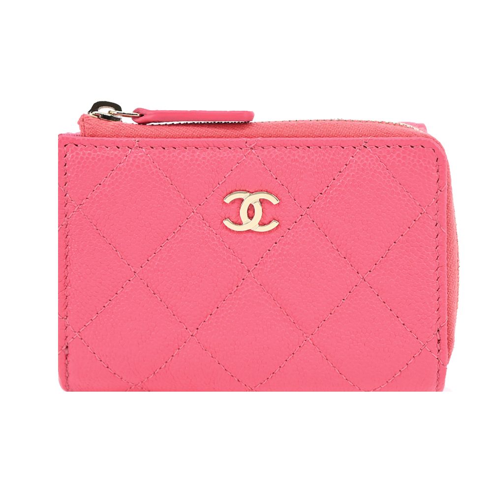 CHANEL經典雙C LOGO荔枝紋小牛皮對開短夾(粉色)/平行輸入