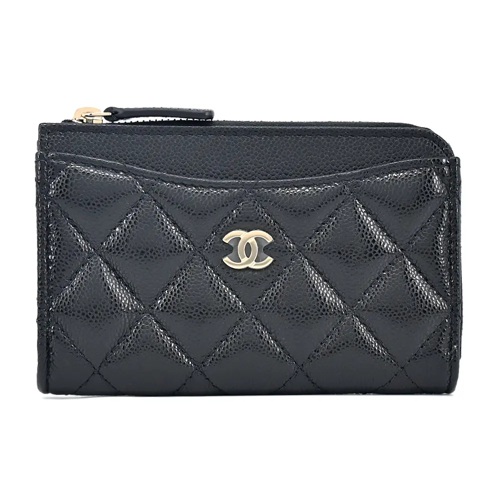 CHANEL 經典LOGO菱格紋小牛皮拉鍊卡片夾/零錢包(黑色)/平行輸入