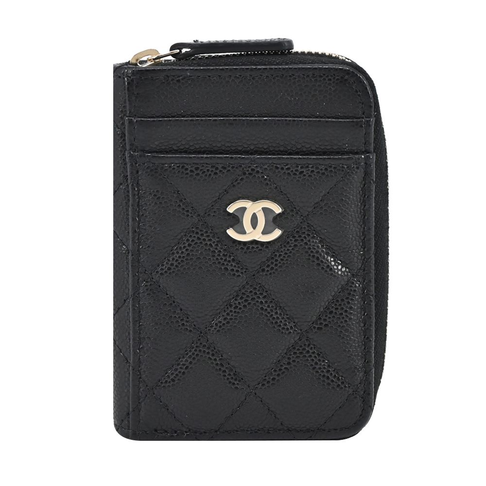 CHANEL經典LOGO菱格紋小牛皮卡片零錢夾(黑色)/平行輸入