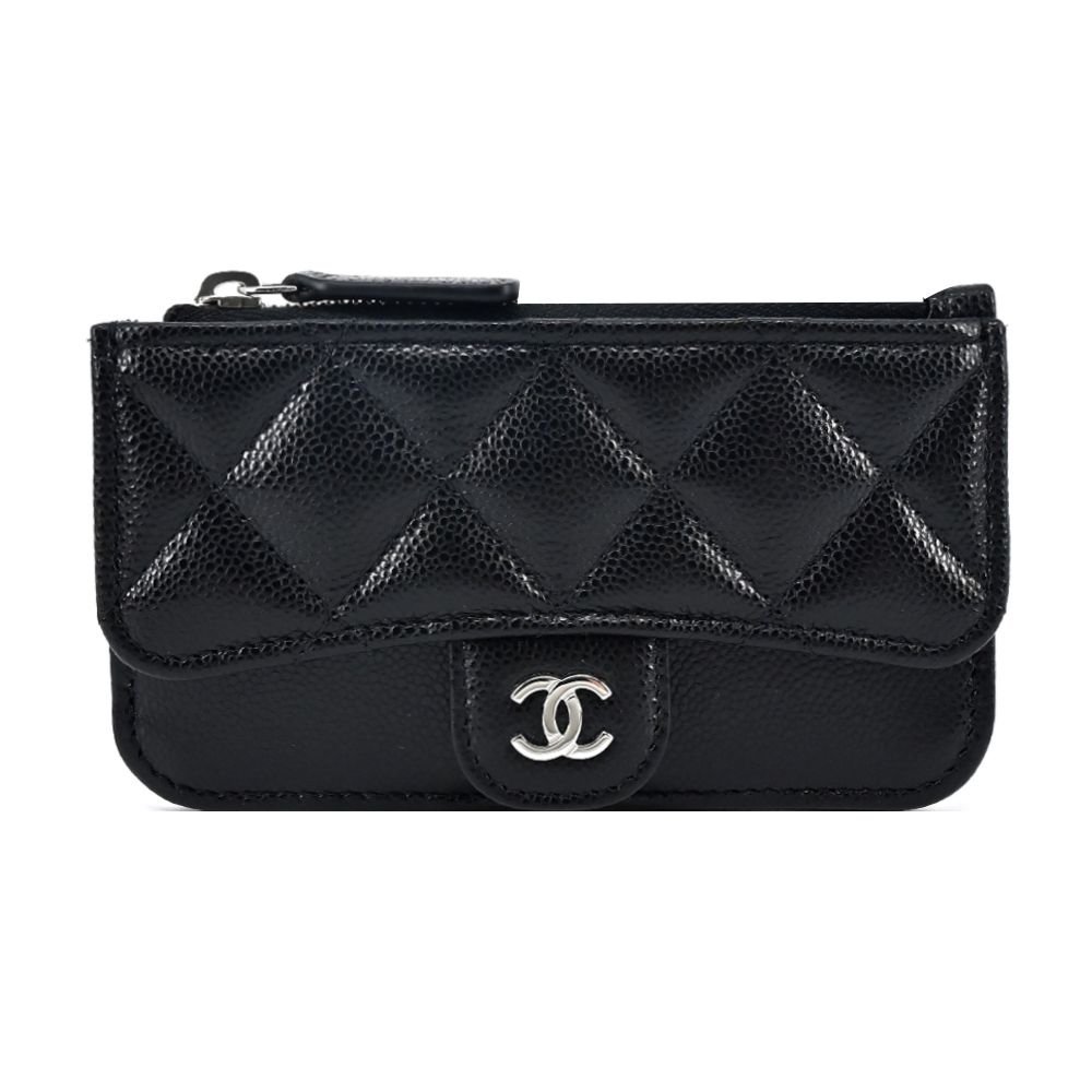 CHANEL 經典雙C LOGO菱格紋小牛皮卡片夾(黑色)/平行輸入
