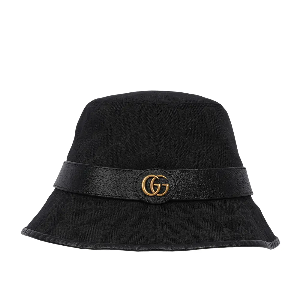 【GUCCI】GG Logo 帆布及牛皮復古漁夫帽 M號(黑色)/ 平行輸入