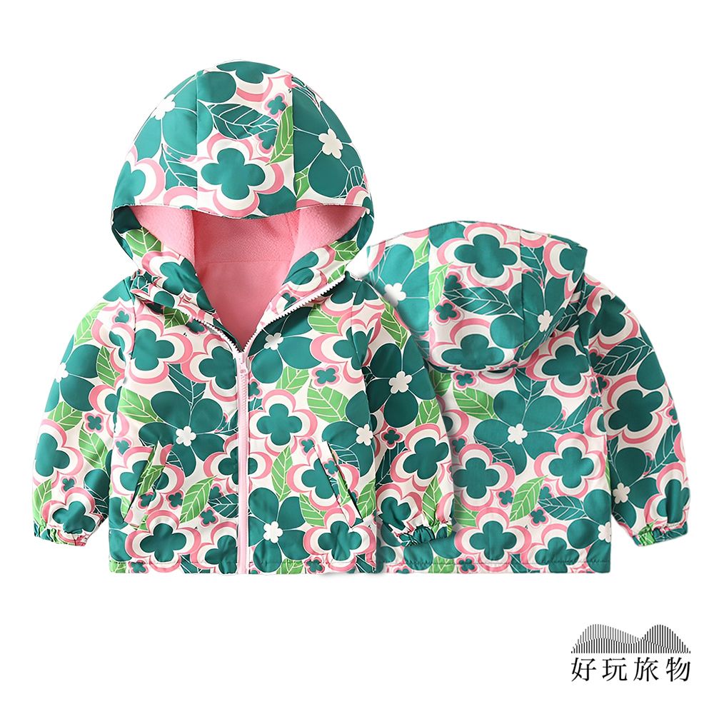 【好玩旅物】內刷毛防水防風兒童衝鋒外套(100~140碼)/ 100碼/ 綠野花草