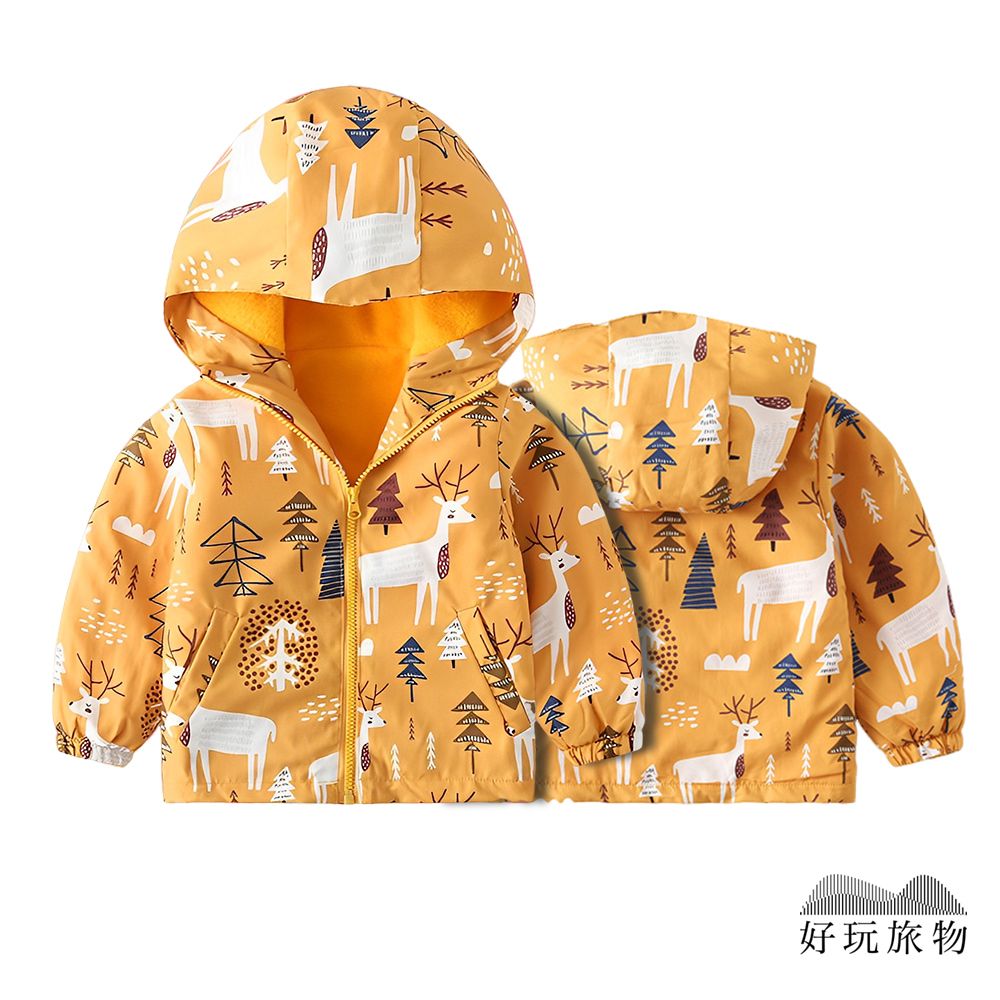【好玩旅物】內刷毛防水防風兒童衝鋒外套/ 120碼/ 北國麋鹿