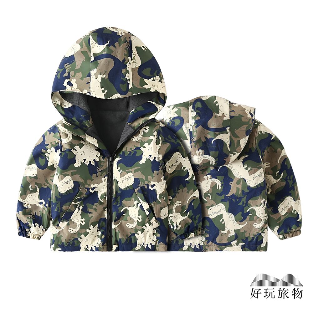 【好玩旅物】內刷毛防水防風兒童衝鋒外套/ 130碼/ 迷彩恐龍