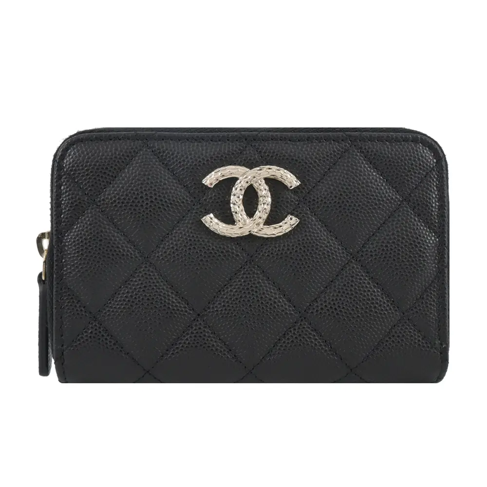 CHANEL經典螺紋雙C LOGO菱格紋小牛皮拉鍊零錢包(黑色)/平行輸入