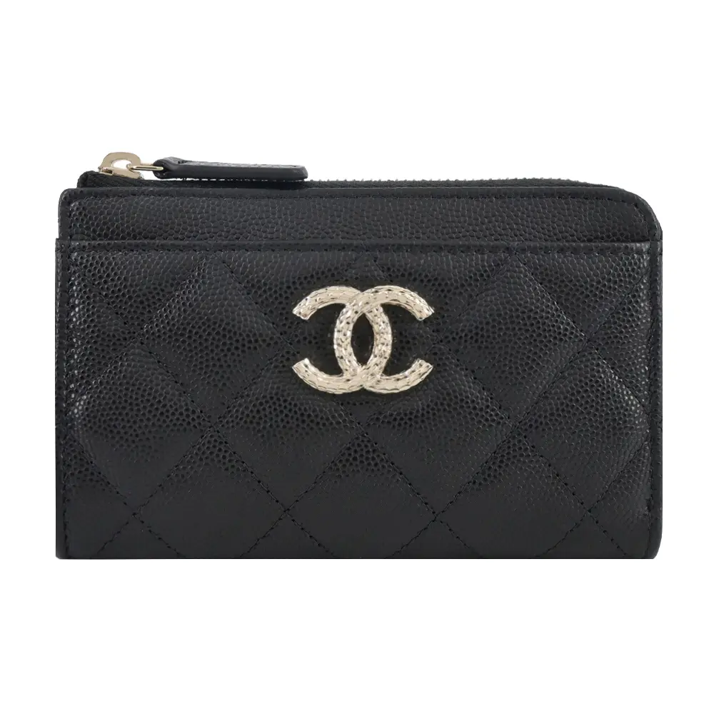 CHANEL經典螺紋雙C LOGO菱格紋小牛皮卡片/零錢夾(黑色)/平行輸入