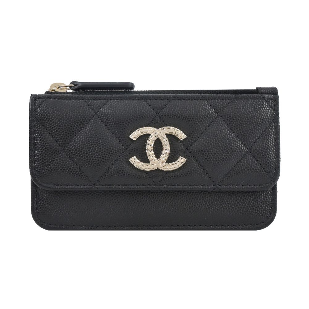 CHANEL經典螺紋雙C  LOGO菱格紋小牛皮卡片夾(黑色)/平行輸入
