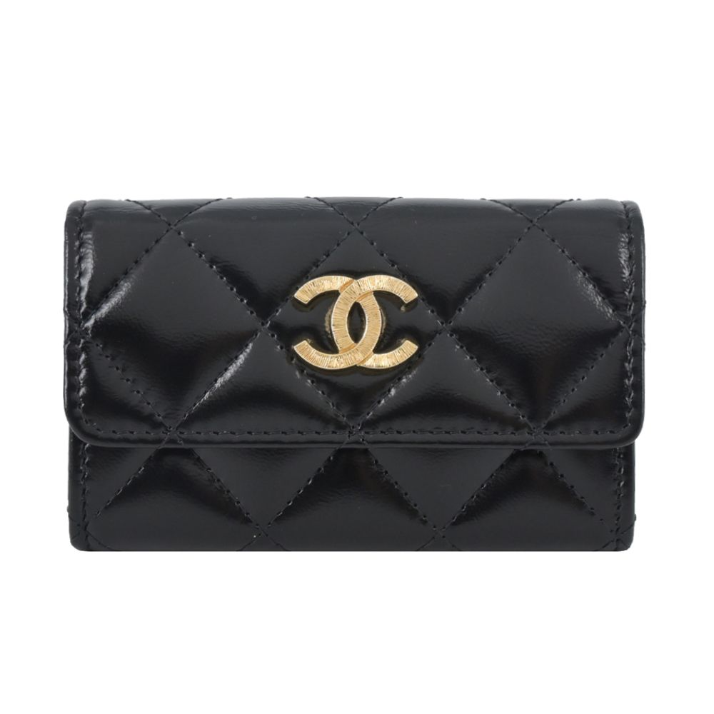CHANEL經典刻紋雙C LOGO菱格紋小羊皮卡片/零錢夾(黑色)/平行輸入