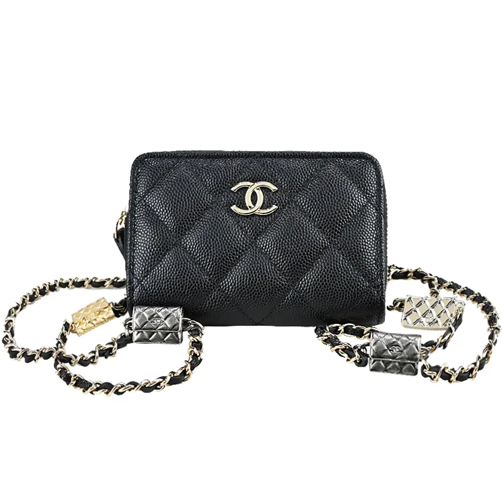 CHANEL 經典雙C LOGO荔枝紋小牛皮造型鏈帶零錢包(黑色)/平行輸入