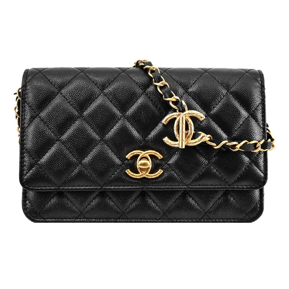 CHANEL 新款經典菱格紋小牛皮雙C LOGO穿鏈WOC手拿/斜背包(黑色)/平行輸入