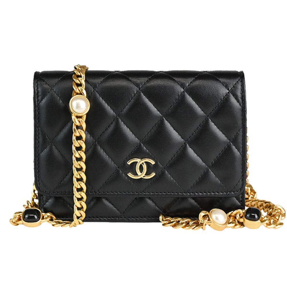 CHANEL經典雙C LOGO菱格紋小羊皮寶石綴飾鍊帶斜背包(黑色)/平行輸入