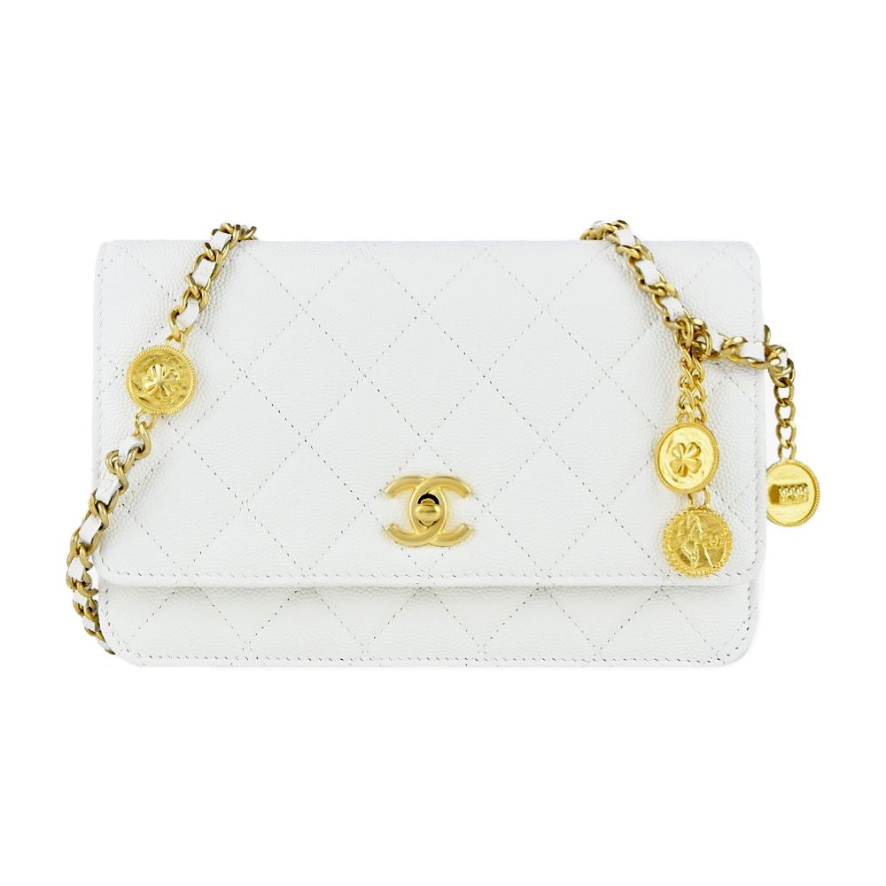 CHANEL經典菱格紋小牛皮LOGO金幣鏈帶WOC斜背包(白色) /平行輸入