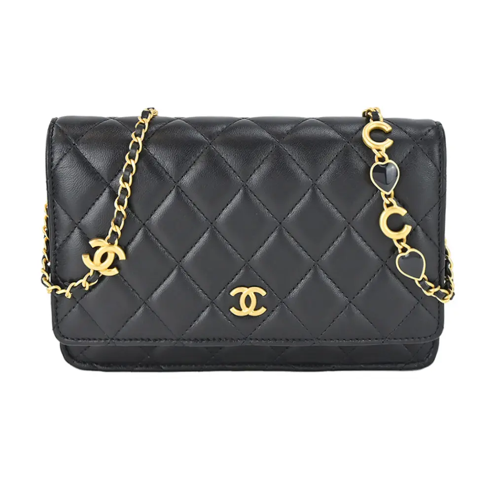 CHANEL 雙C LOGO菱格紋小羊皮寶石綴飾WOC鏈帶肩背/斜背包(黑色)/平行輸入