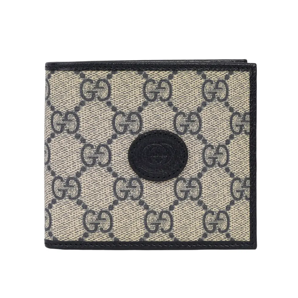 【GUCCI】Interlocking G Logo 對開8卡短夾(米色/黑藍色)/ 平行輸入