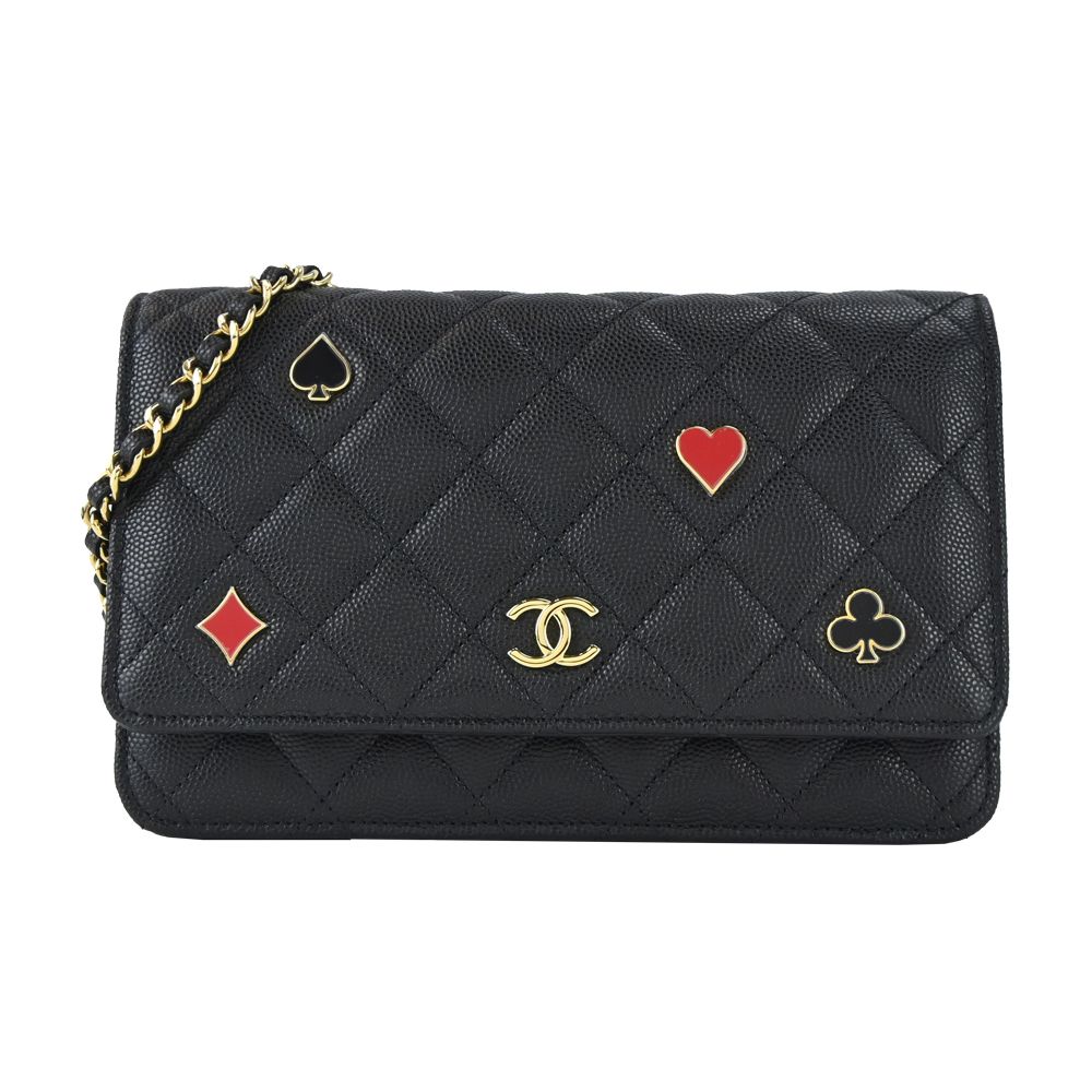 CHANEL 新款度假系列經典LOGO 菱格紋小牛皮WOC手拿/斜背包(黑色)/平行輸入