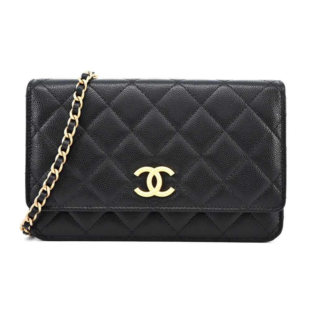 CHANEL經典雙C LOGO菱格紋小牛皮WOC鏈帶斜背包(黑色)/平行輸入