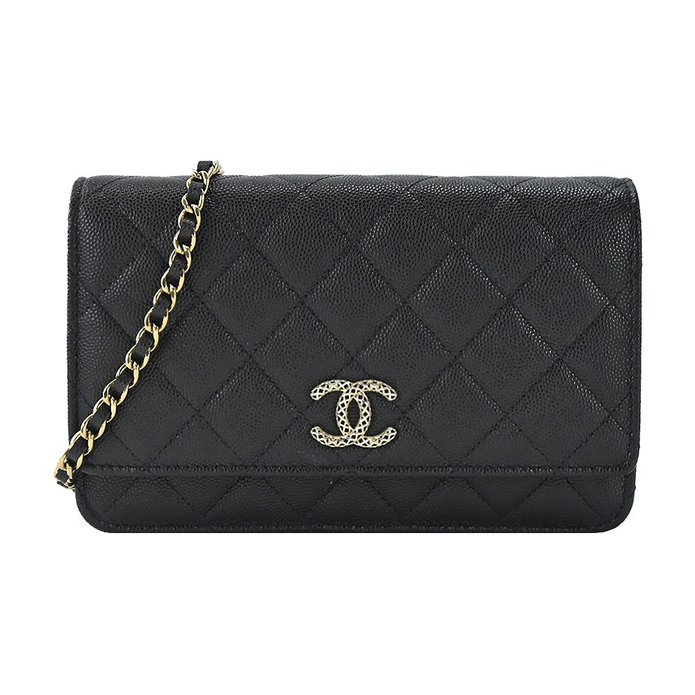 CHANEL 經典新款雙C LOGO菱格紋小牛皮WOC手拿/斜背包(黑色)/平行輸入