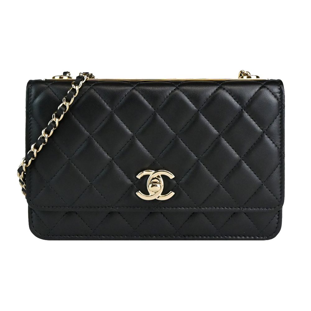 CHANEL經典TRENDY系列雙C LOGO菱格紋小羊皮WOC鏈帶斜背包(黑色)/平行輸入