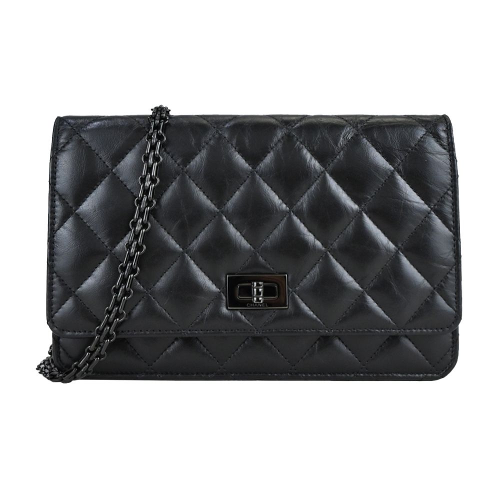 CHANEL 2.55經典菱格紋小羊皮鏈帶斜背包(黑色)/平行輸入