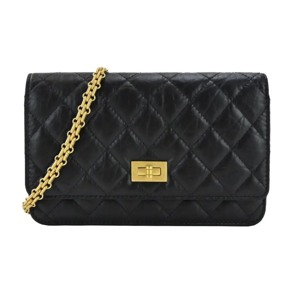CHANEL 2.55經典菱格紋小牛皮鏈帶WOC斜背包(黑色)/平行輸入