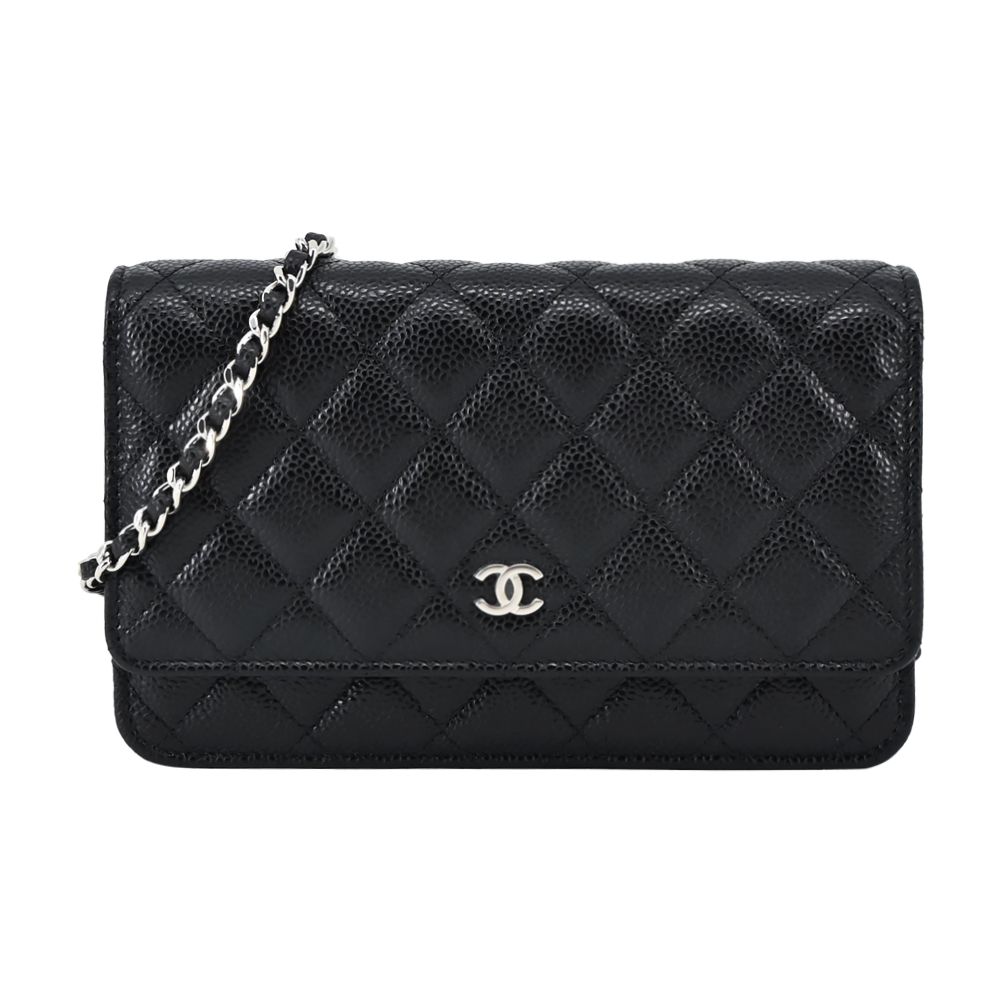 CHANEL 經典雙C LOGO菱格紋小牛皮WOC手拿/斜背包(黑色)/平行輸入