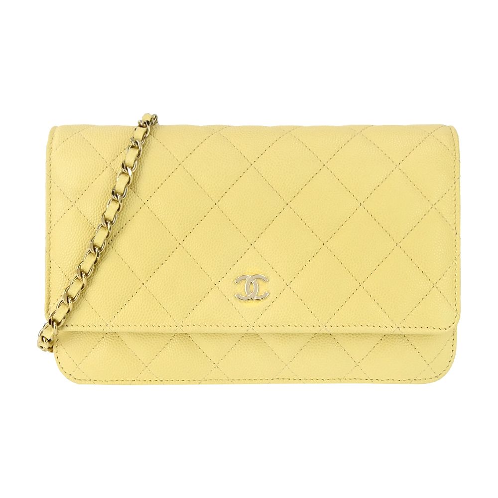 CHANEL 經典LOGO菱格紋小牛皮WOC鏈帶肩背/斜背包(鵝黃)/平行輸入