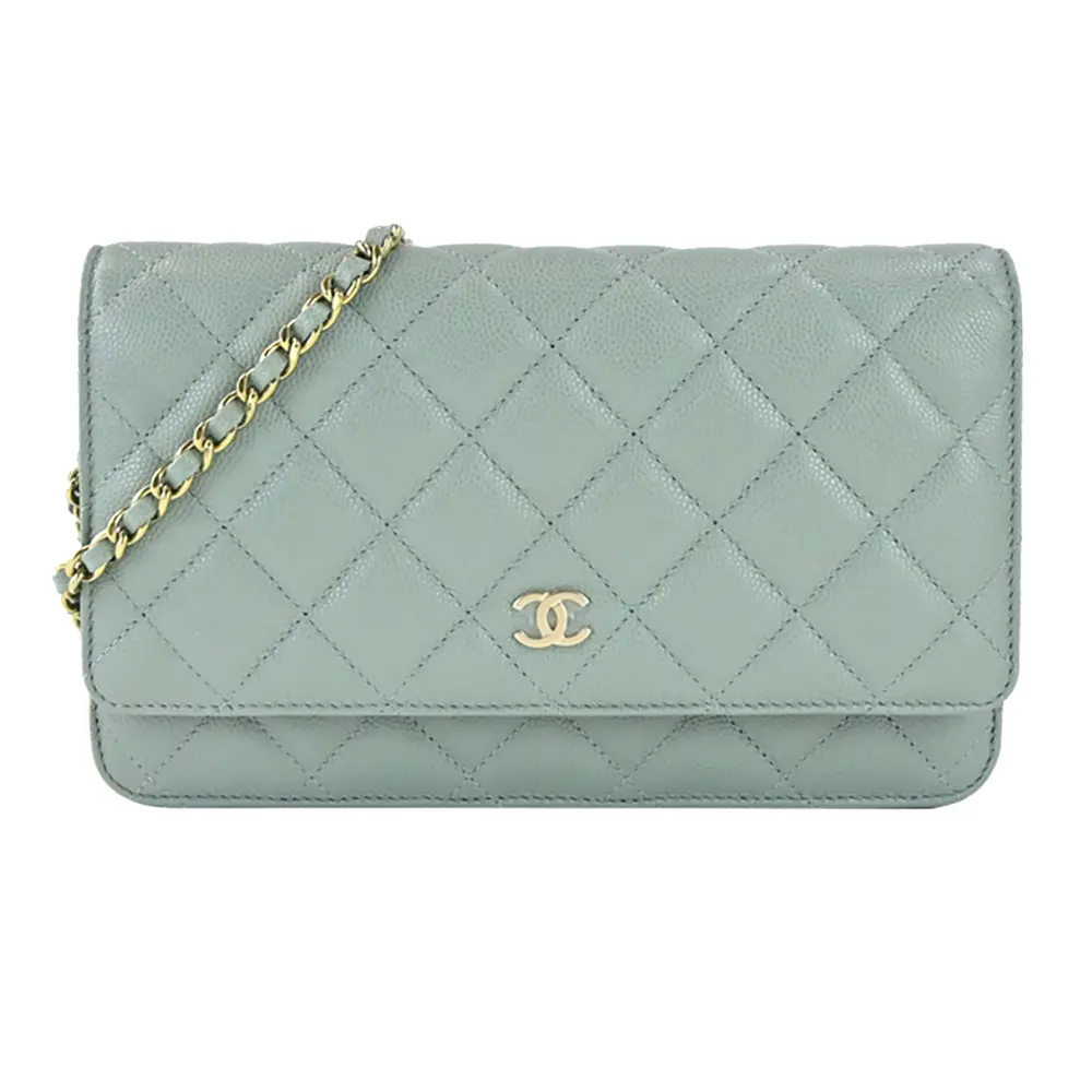 CHANEL 經典LOGO菱格紋小牛皮WOC鏈帶肩背/斜背包(灰綠)/平行輸入