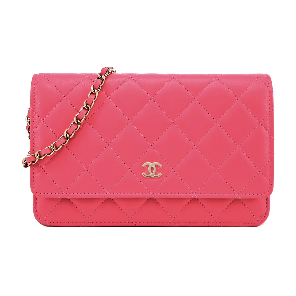 CHANEL 經典 LOGO菱格紋小羊皮WOC手拿/斜背包(桃紅)/平行輸入