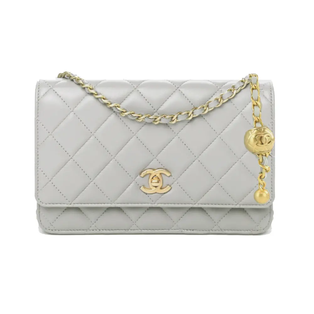 CHANEL 經典LOGO 菱格紋小羊皮金球WOC手拿/斜背包(灰色)/平行輸入