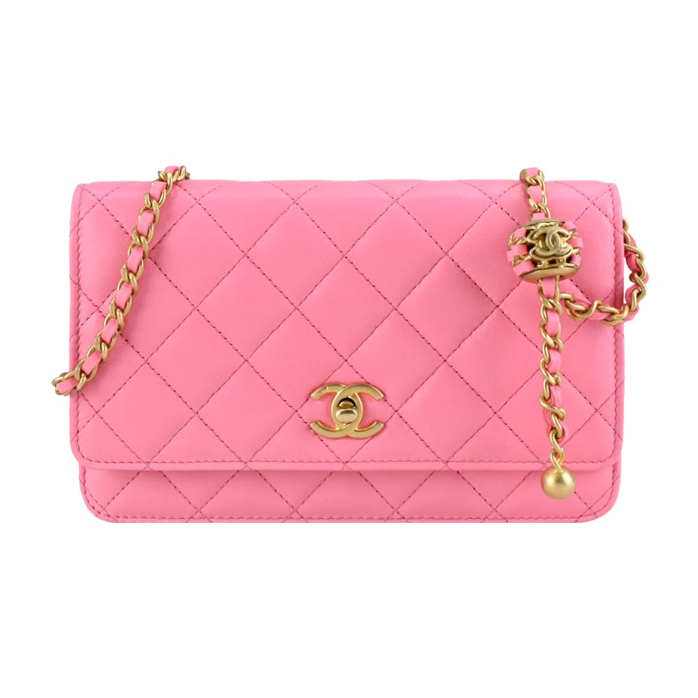 CHANEL 經典LOGO菱格紋小羊皮金球WOC手拿/斜背包(粉色)/平行輸入