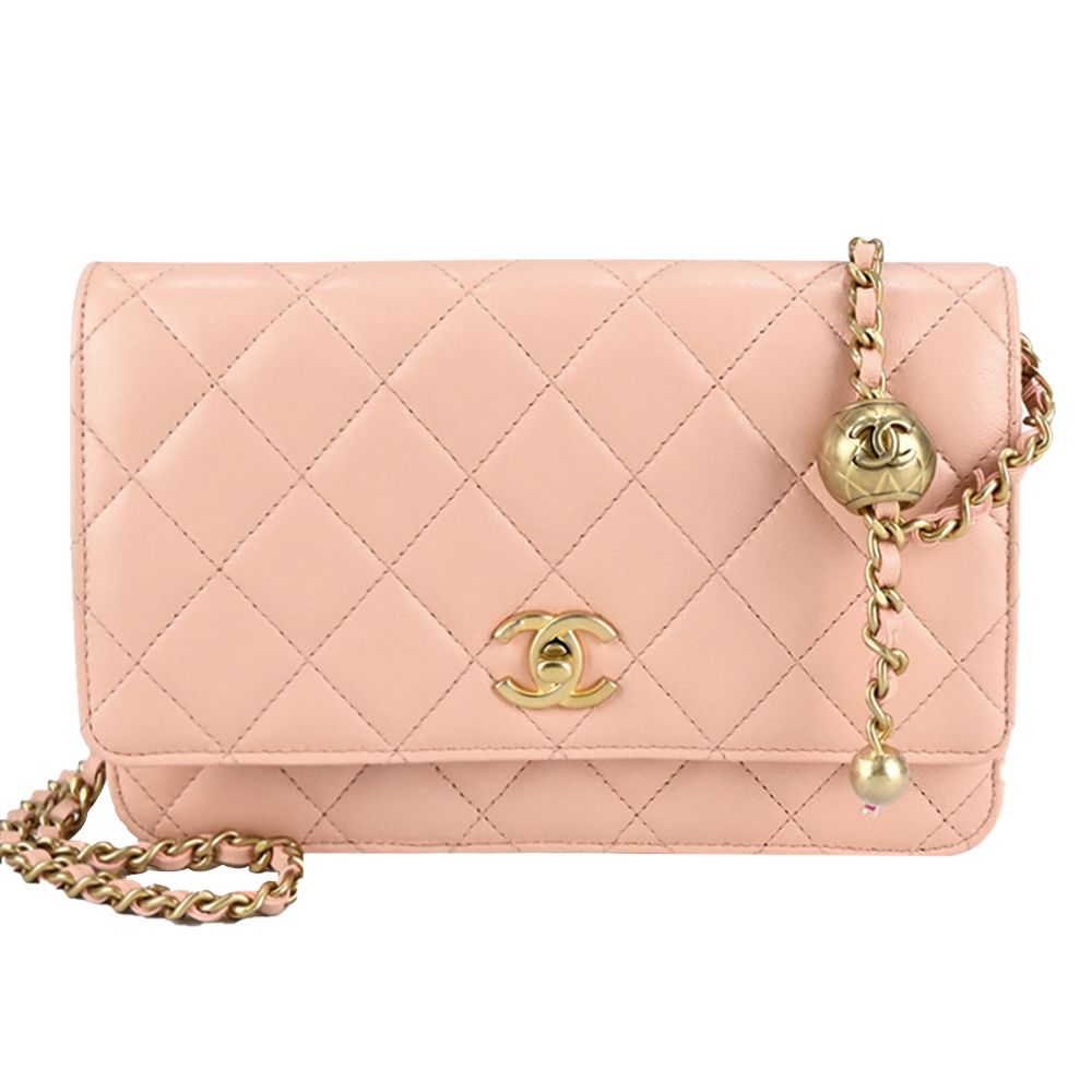 CHANEL 經典LOGO 菱格紋小羊皮金球WOC手拿/斜背包(珊瑚粉)/平行輸入