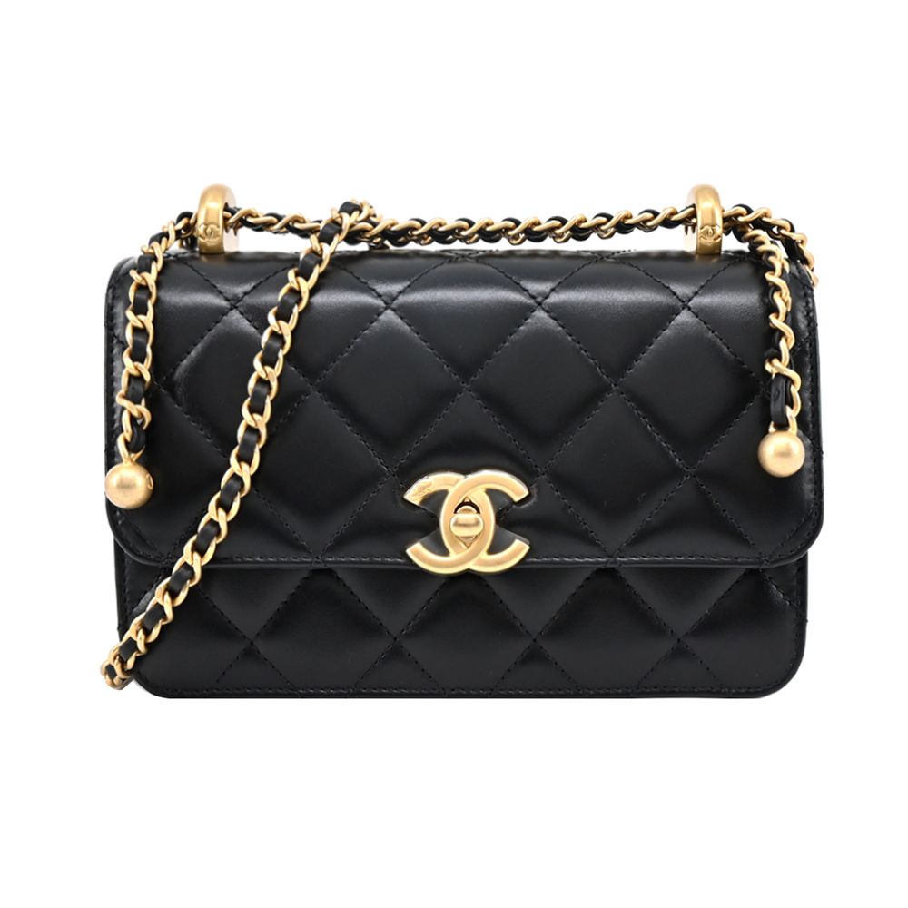 CHANEL MINI FLAP 雙C LOGO雙金珠菱格紋小牛皮肩背/斜背包(黑色)/平行輸入