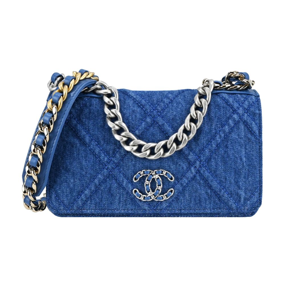 CHANEL 19 經典 LOGO菱格紋丹寧帆布鏈帶WOC斜背包(藍色)/平行輸入