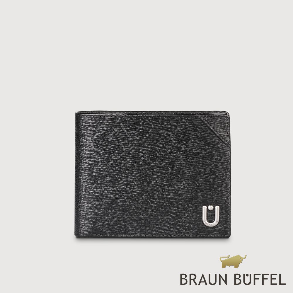 【BRAUN BUFFEL 德國小金牛】台灣總代理 斯萊特 12卡中間翻透明窗短夾-黑色/BF552-317-BK