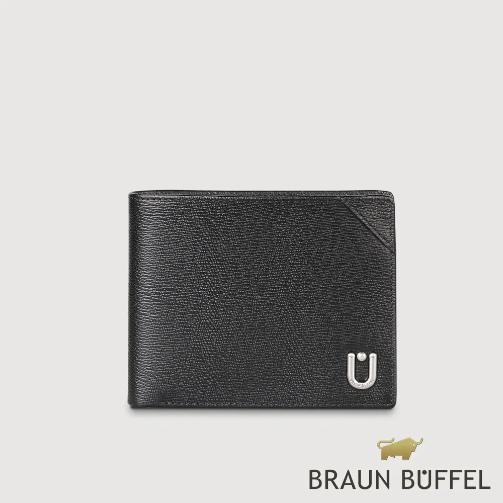 【BRAUN BUFFEL 德國小金牛】台灣總代理 斯萊特 8卡中間翻零錢袋短夾-黑色/BF552-318-BK