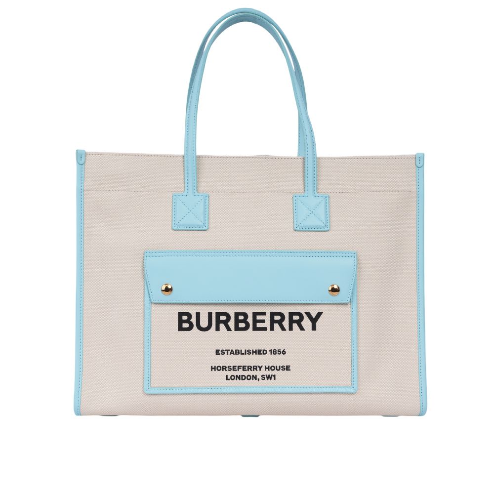 【BURBERRY】Freya 棉質帆布中款托特包(自然色/天藍色)/ 平行輸入