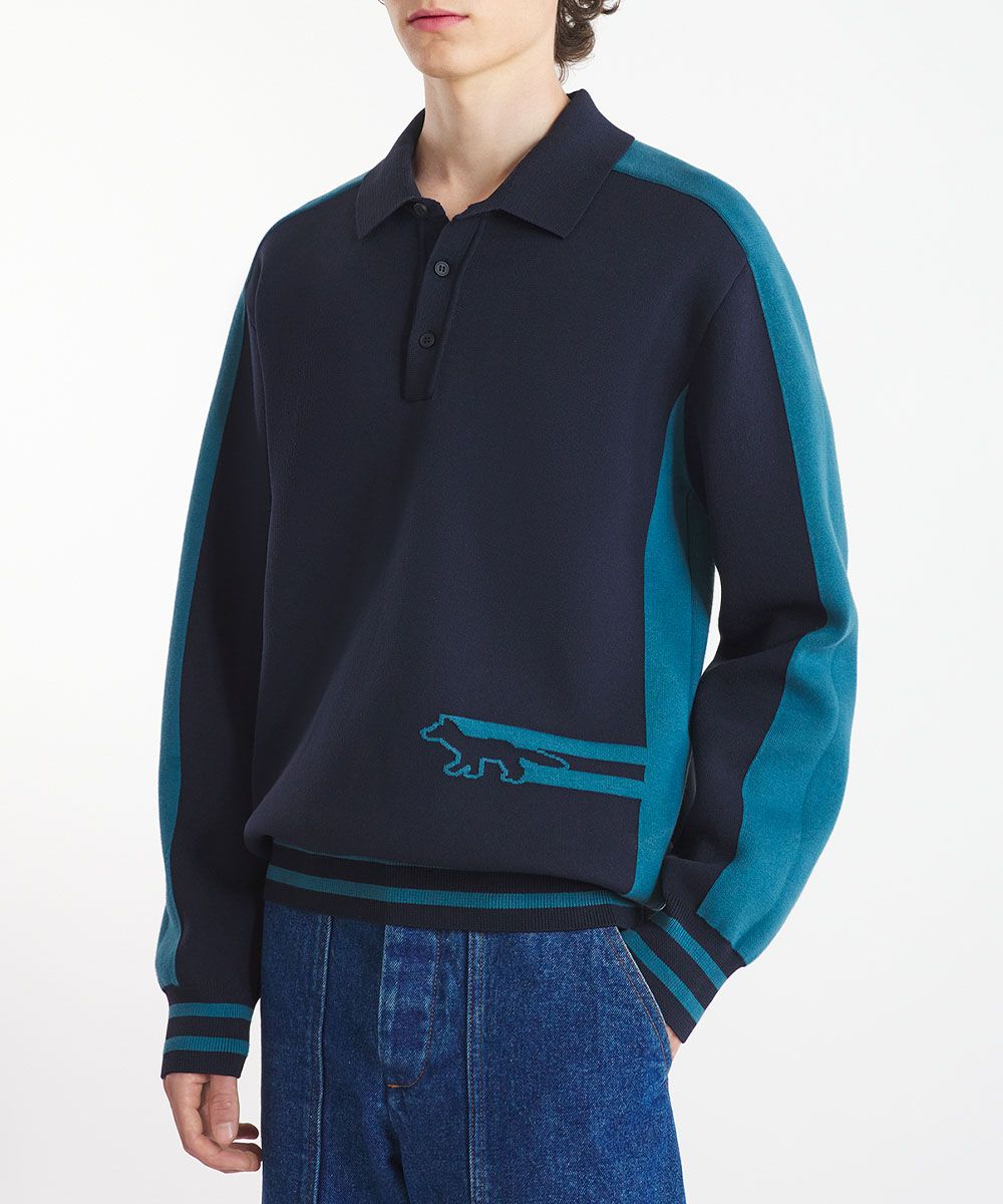 MAISON KITSUNÉ 湖水藍疾行狐狸LOGO線條POLO針織毛衣_中性/男/ M